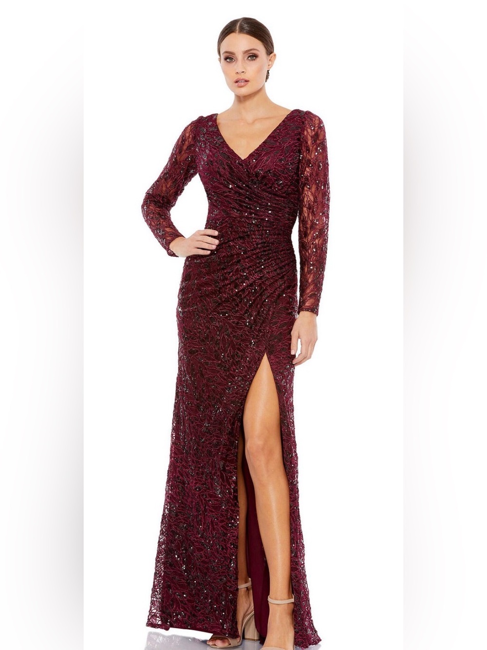 Mac Duggal Sz 16 Long Sleeve V-Neck Side Slit Sequin Gown Burgundy NWT